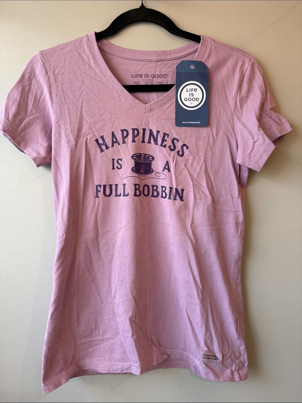 Life Is Good violet V-Neck Tee with 'Happiness Is A Full Bobbin' Graphic sewing